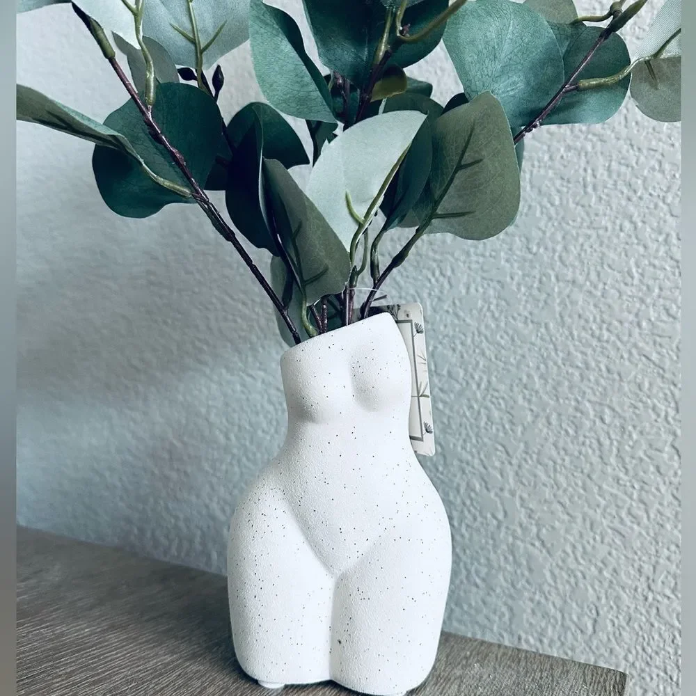 Ceramic Woman Torso Hips Figure Eucalyptus Plant in Vase Decor
